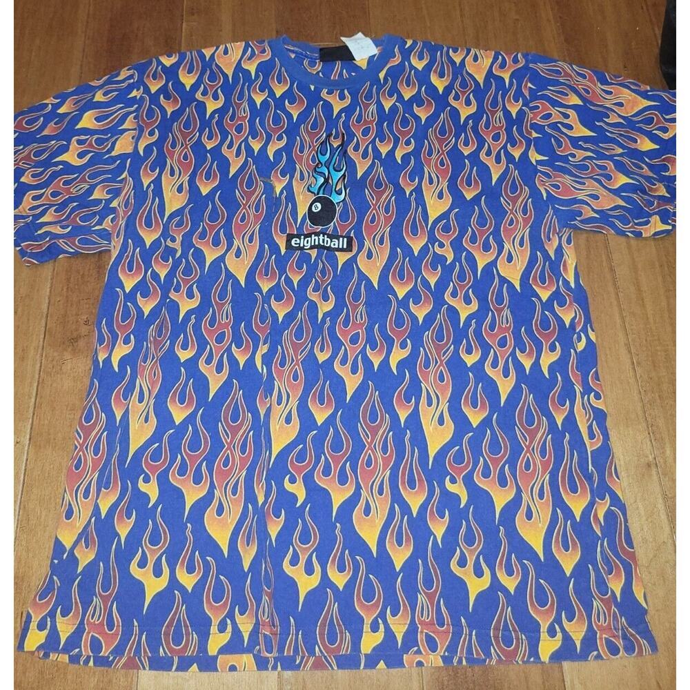 Vintage Flames All Over Print Shirt 90s No Boundaries Fire Art Skate Eightball